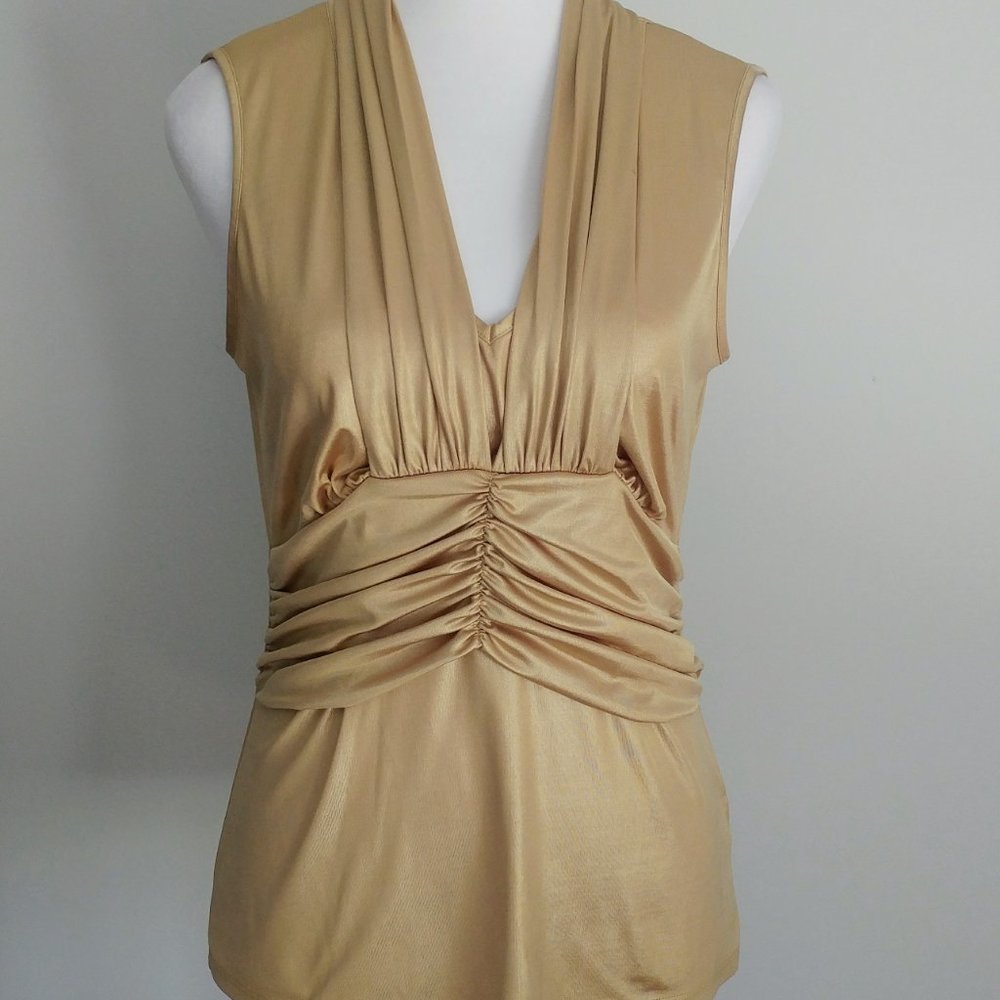Gold Ruched Sleeveless Top Marilyn Monroe Halter Style Bodycon Holiday Partywear - Picture 2 of 12